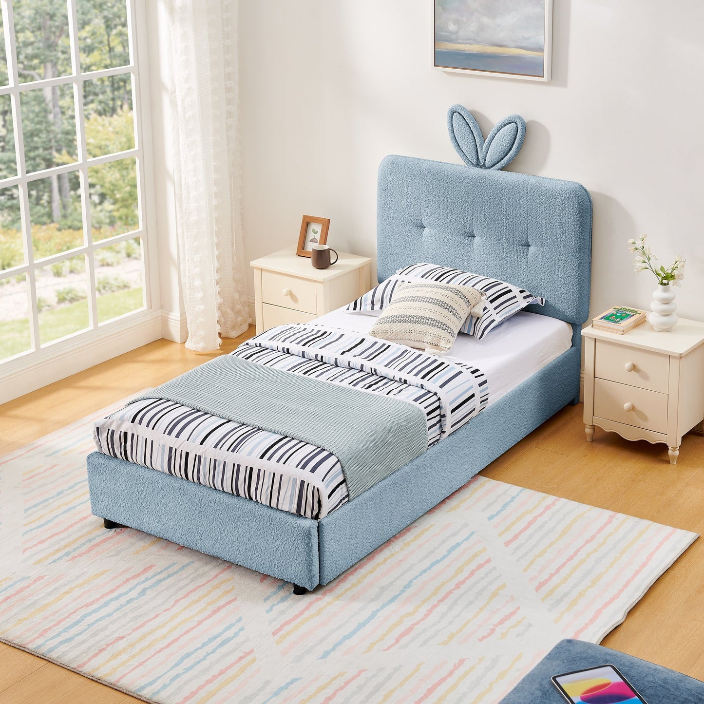 Twin Size Kids Upholstered Bed with Oversized Rabbit Ear Headboard