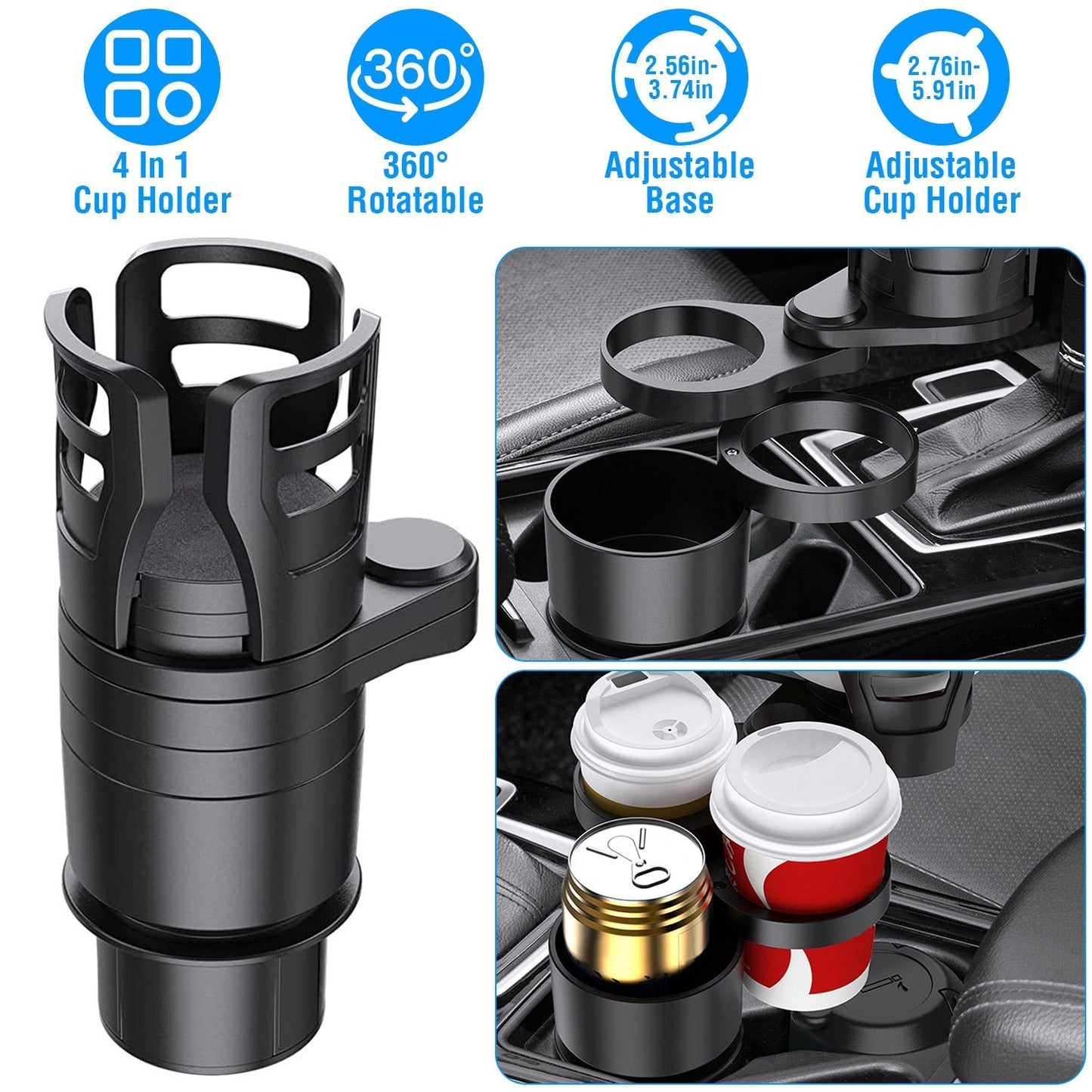 4 In 1 Car Cup Holder Expander Adapter Multifunctional Water Cup Mount Stand 360¡ Rotating Drink Bottle Organizer with Adjustable Base