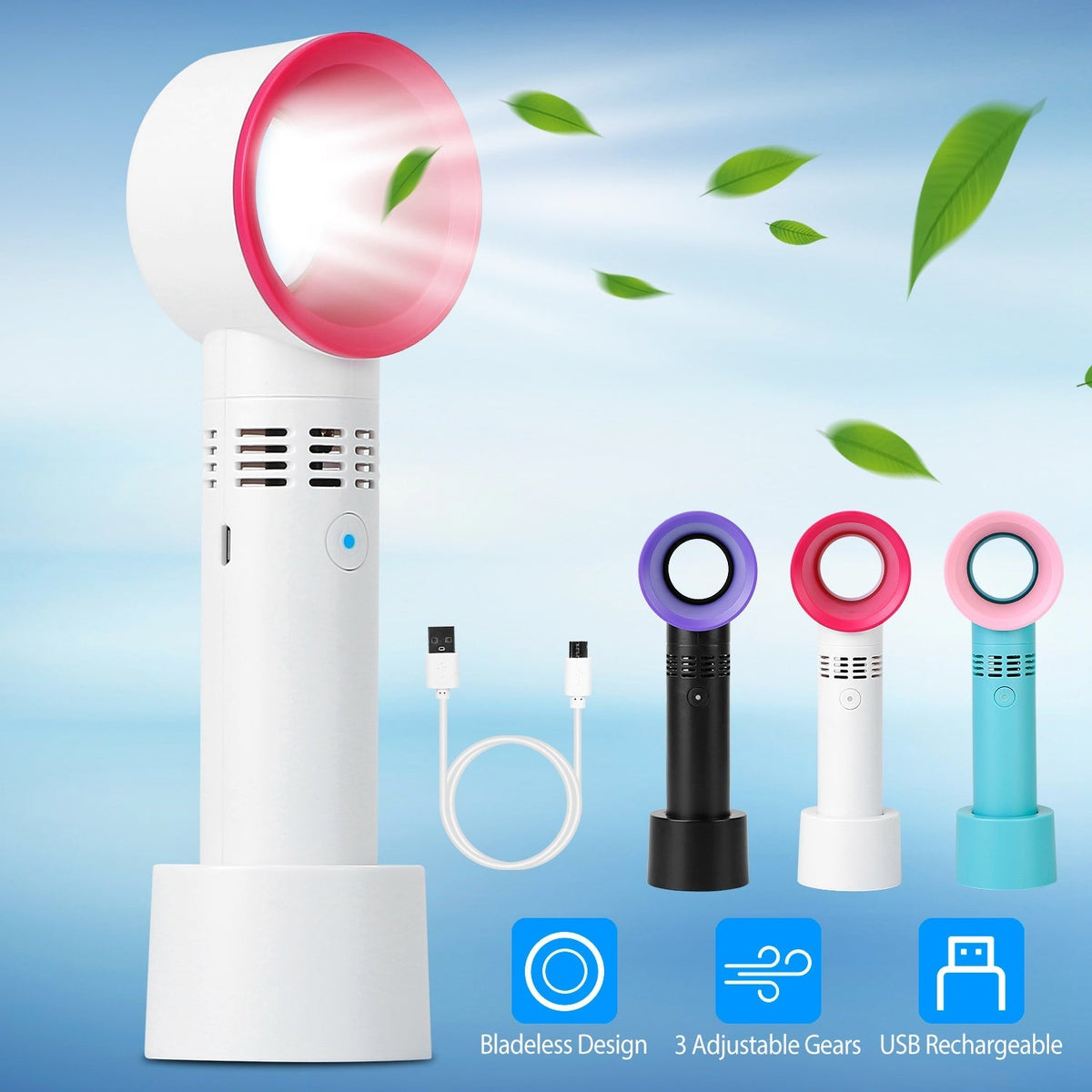 Portable Handheld Bladeless Fan Rechargeable Cooling USB Fan Desktop Use Fan w/ 3 Gears LED Indicator Cooling Fan