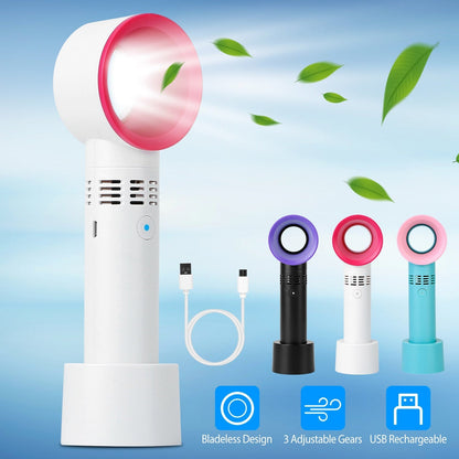 Portable Handheld Bladeless Fan Rechargeable Cooling USB Fan Desktop Use Fan w/ 3 Gears LED Indicator Cooling Fan