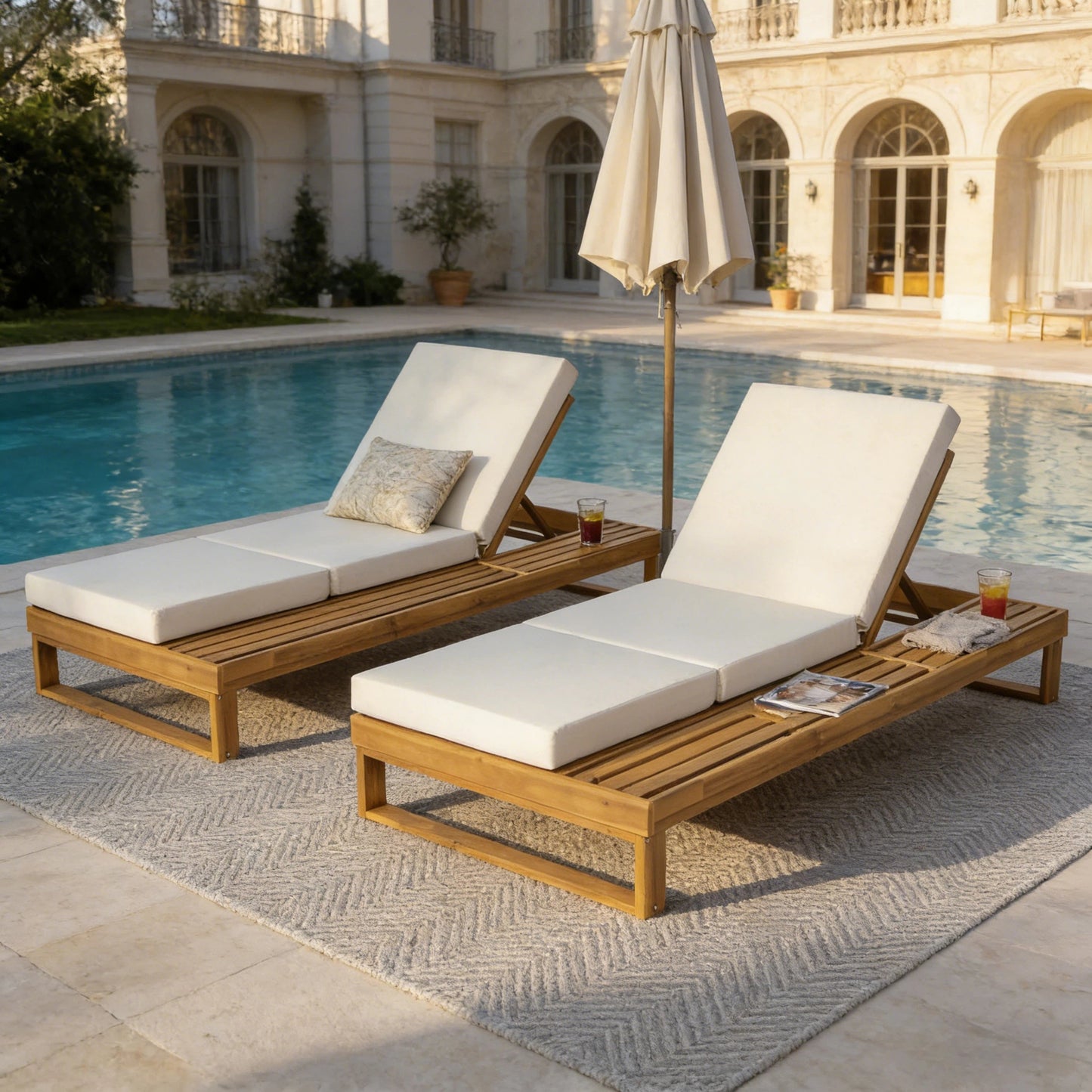 Teak Finish Acacia Wood Chaise Lounge with 4-Inch Cushion