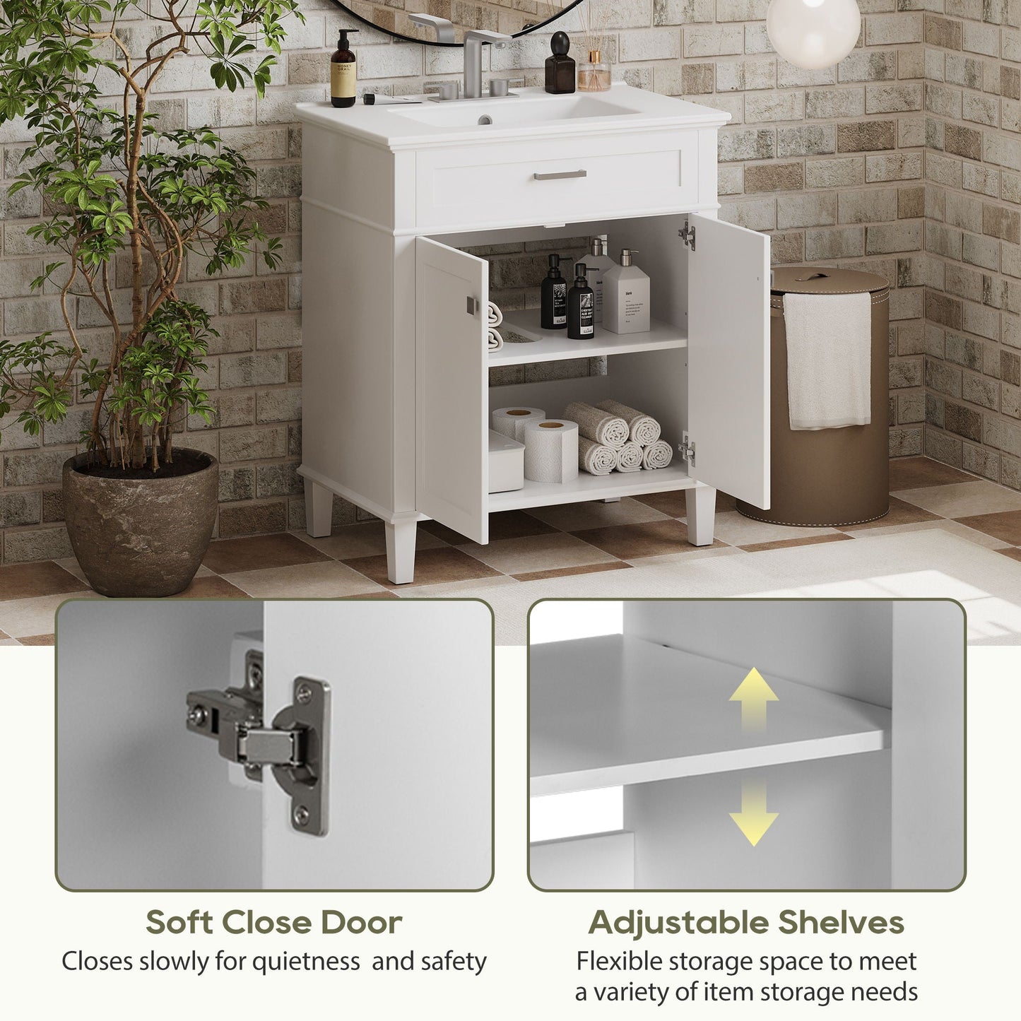 Bathroom Vanity With Ceramic Basin, Soft Close Door And Adjustable Shelves