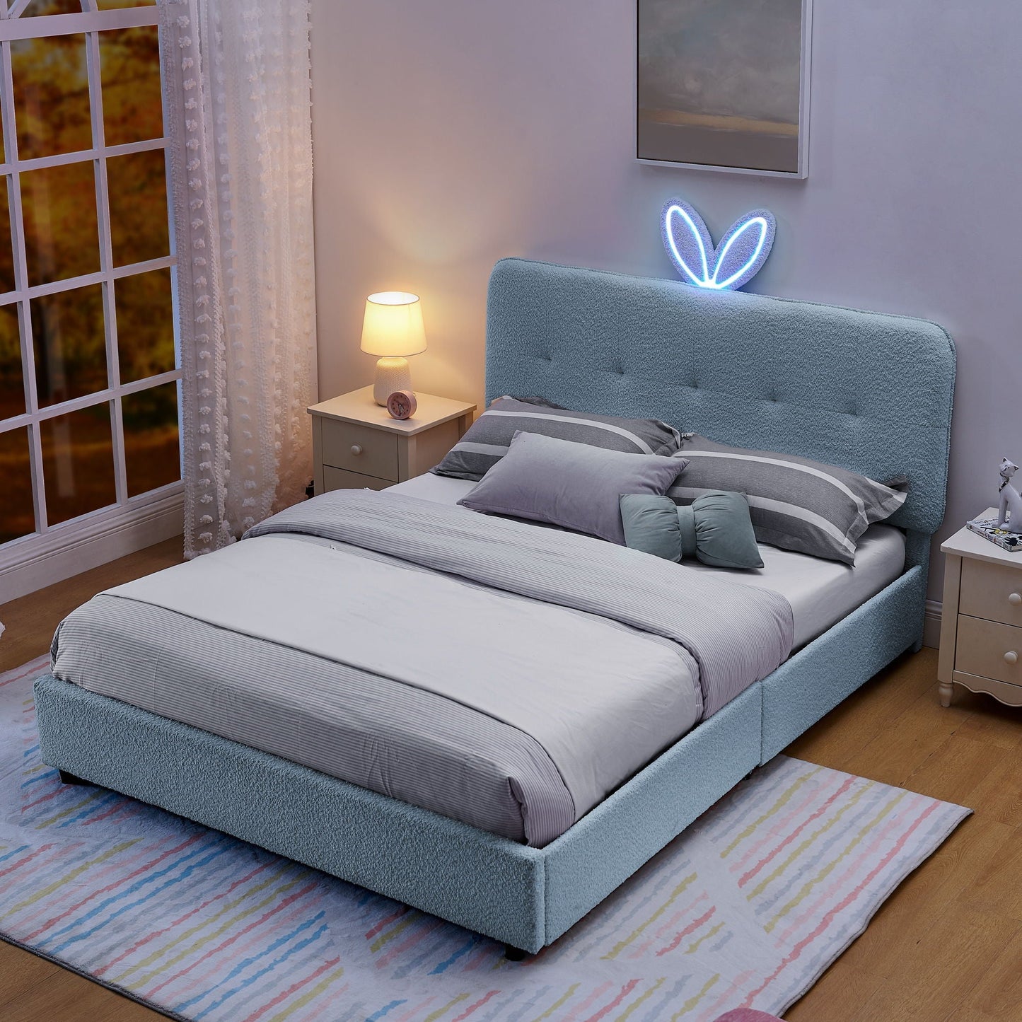 Upholstered Bed With Oversized Rabbit Ear Headboard, LED Lights & 4 Storage Drawers