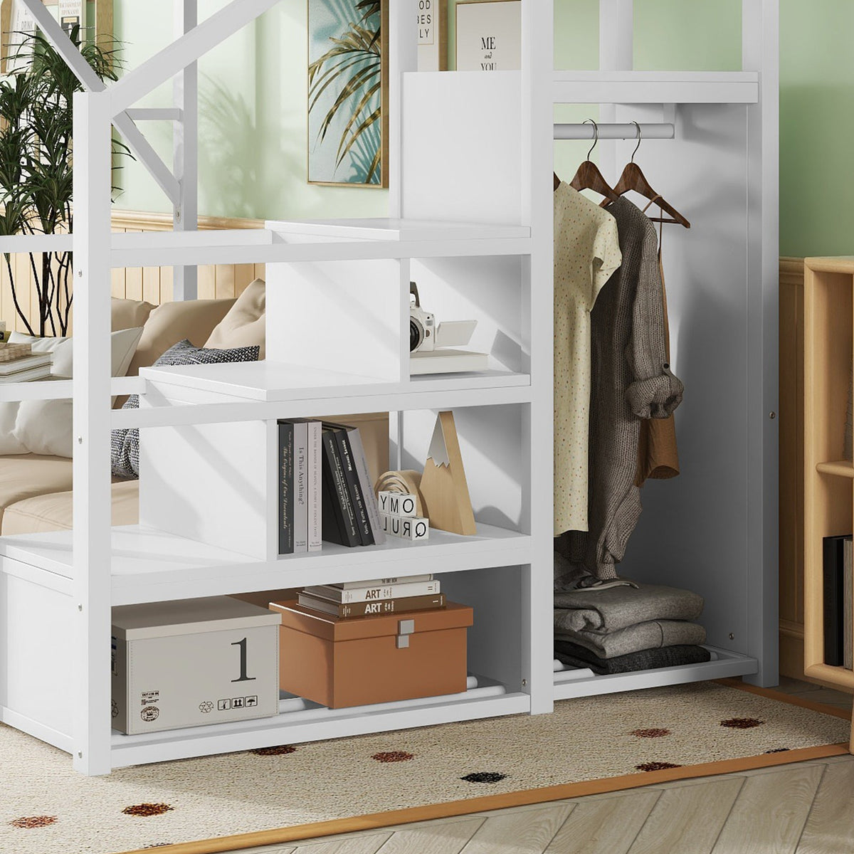 Queen Size Loft Bed with Stairs, Metal Queen Loft Bed with Storage Shelves