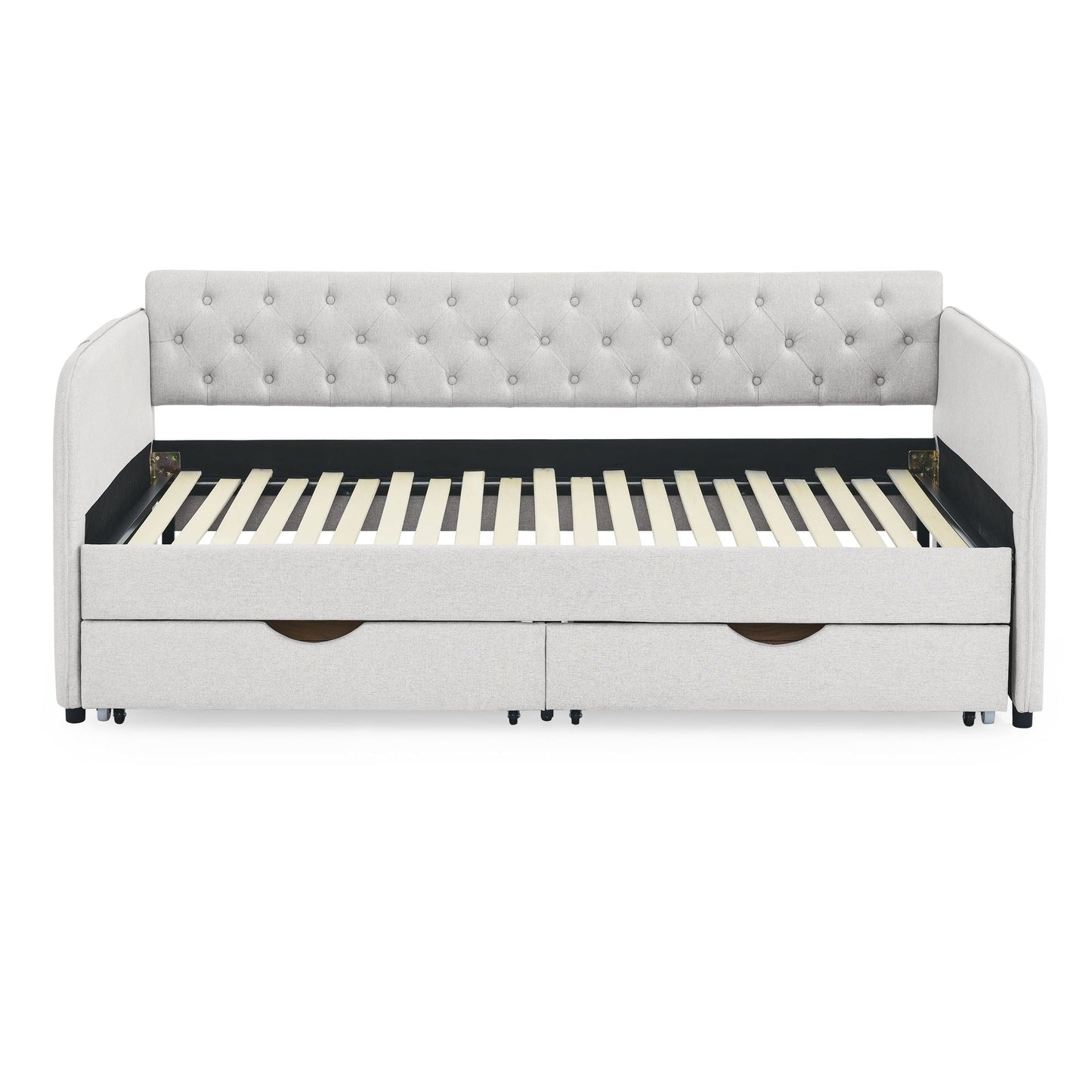 Daybed With Trundle And Storage Drawers, Flat Arms With Pocket