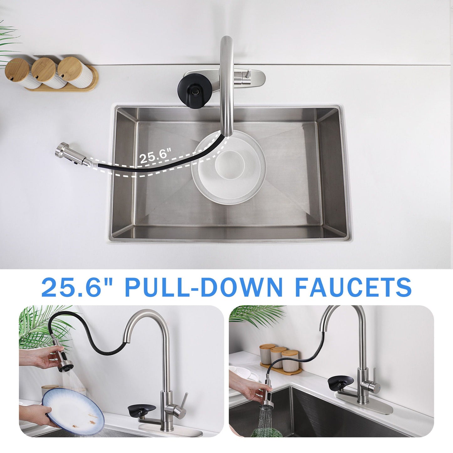 3 In 1 Kitchen Faucet With Press Type Glass Rinser, High Arc Pull Down Sprayer