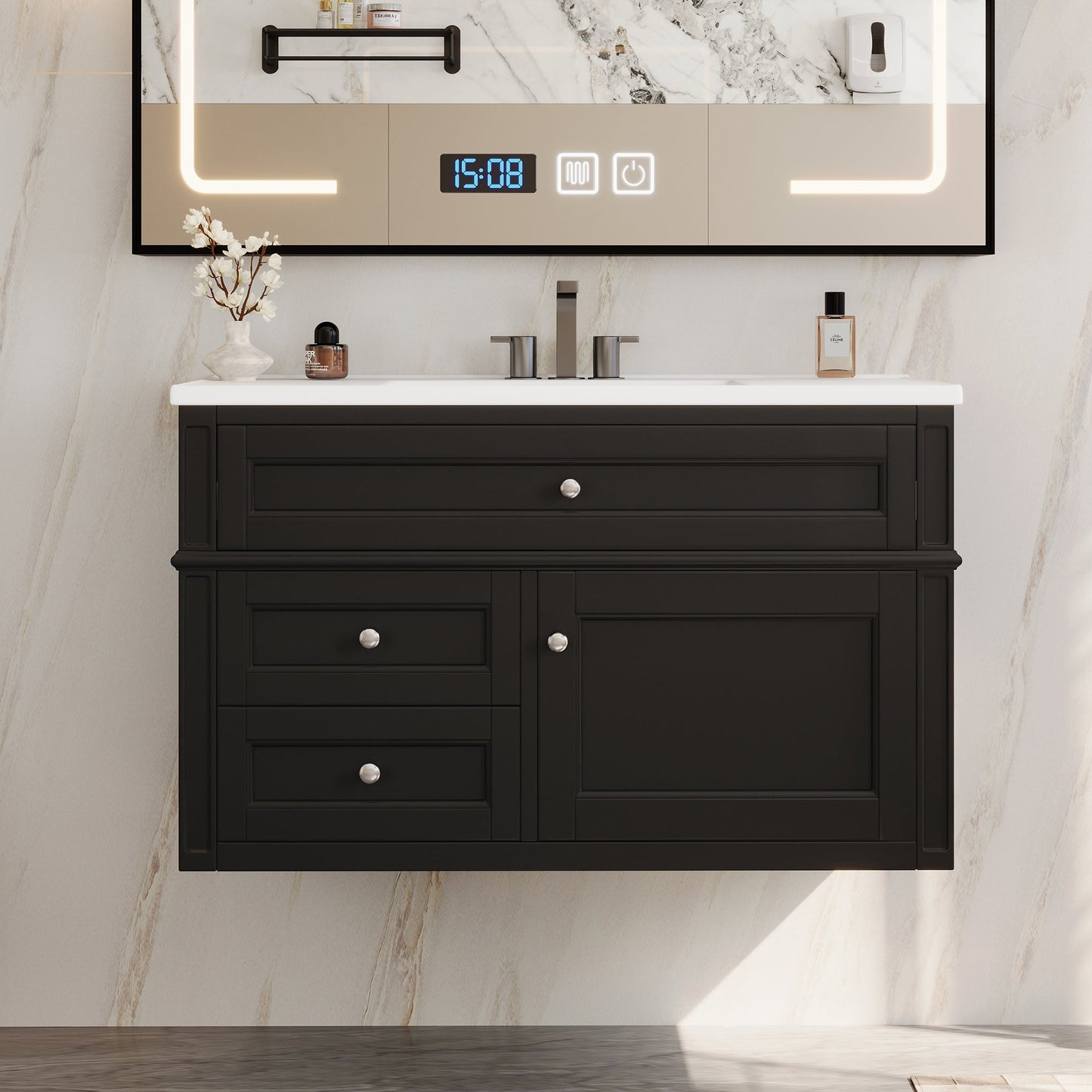 36" Wall Mounted Bathroom Vanity with Ceramic Sink and Storage