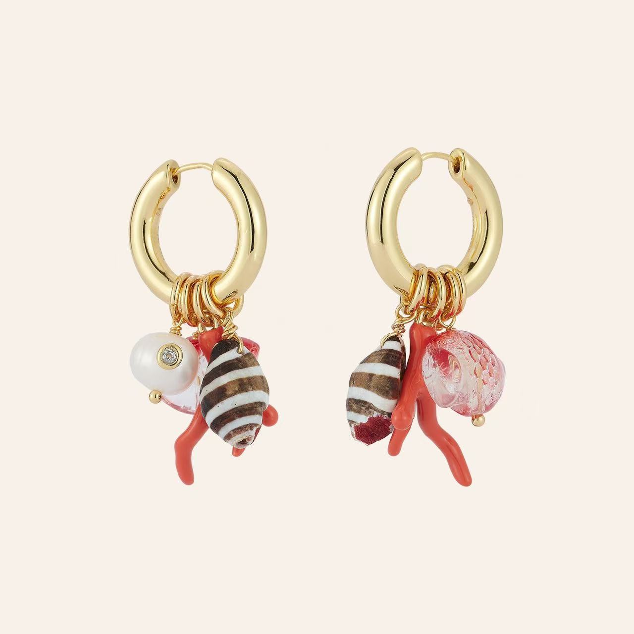 Fashionable Coral Small Fish And Conch Shell Earrings
