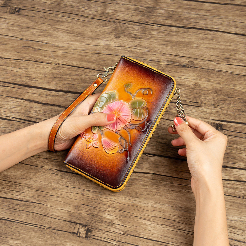Genuine Leather Long Wallet Bag Hand-Painted Finish Zipper Closure Full-Grain Cowhide Clutch