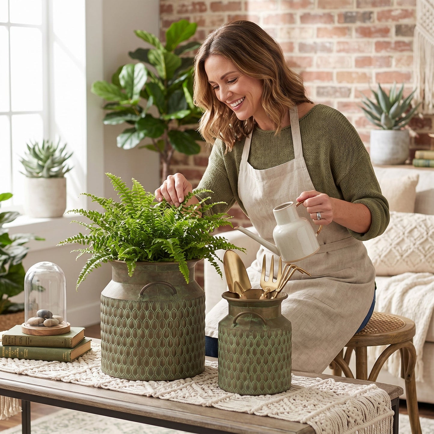 S/2 Iron Milk Jug Planters with Textured Green Finish