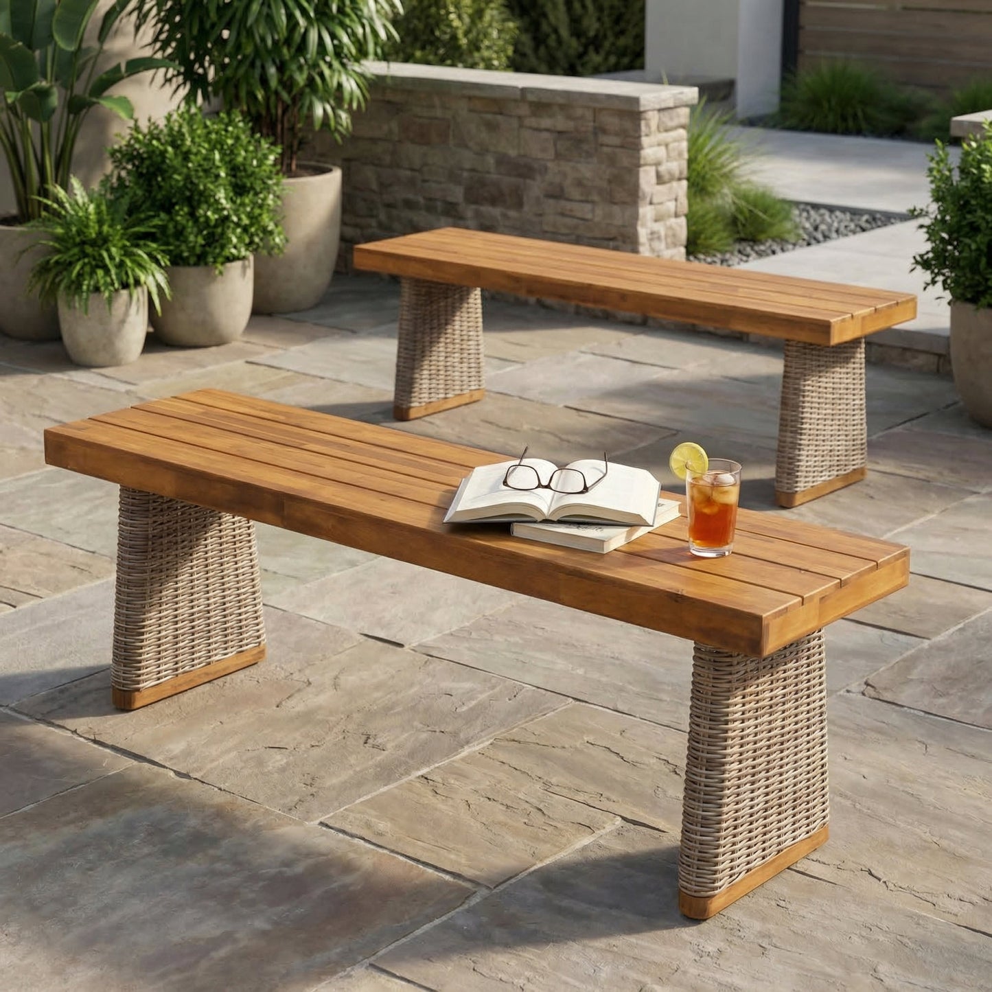 Outdoor Acacia Wood Bench Set of 2 with Teak Finish