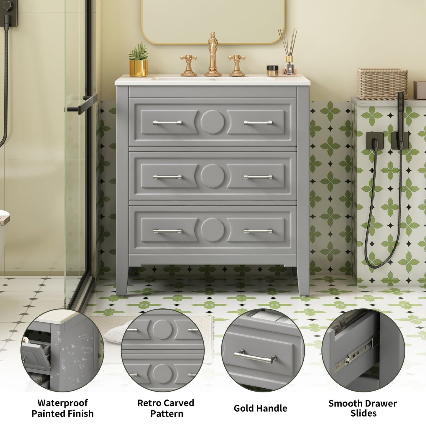 Retro Bathroom Vanity With Sink Combo, Free Standing Single Set With 3 Drawers