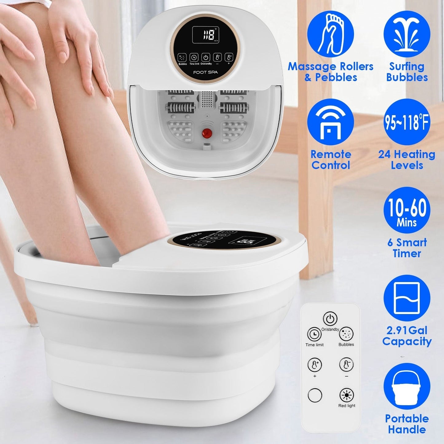 Collapsible Foot Spa Massager Electric Foldable Foot Soaker Tub with Remote Control Handle Surfing Bubbles 24 Heating Levels 6 Timer 6 Massage Rollers