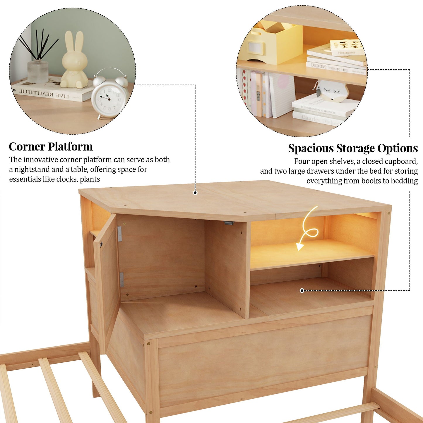 L-Shaped Bed Frame With Trundle, Built In Desk & LED Lighting