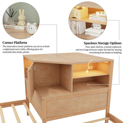 L-Shaped Bed Frame With Trundle, Built In Desk & LED Lighting