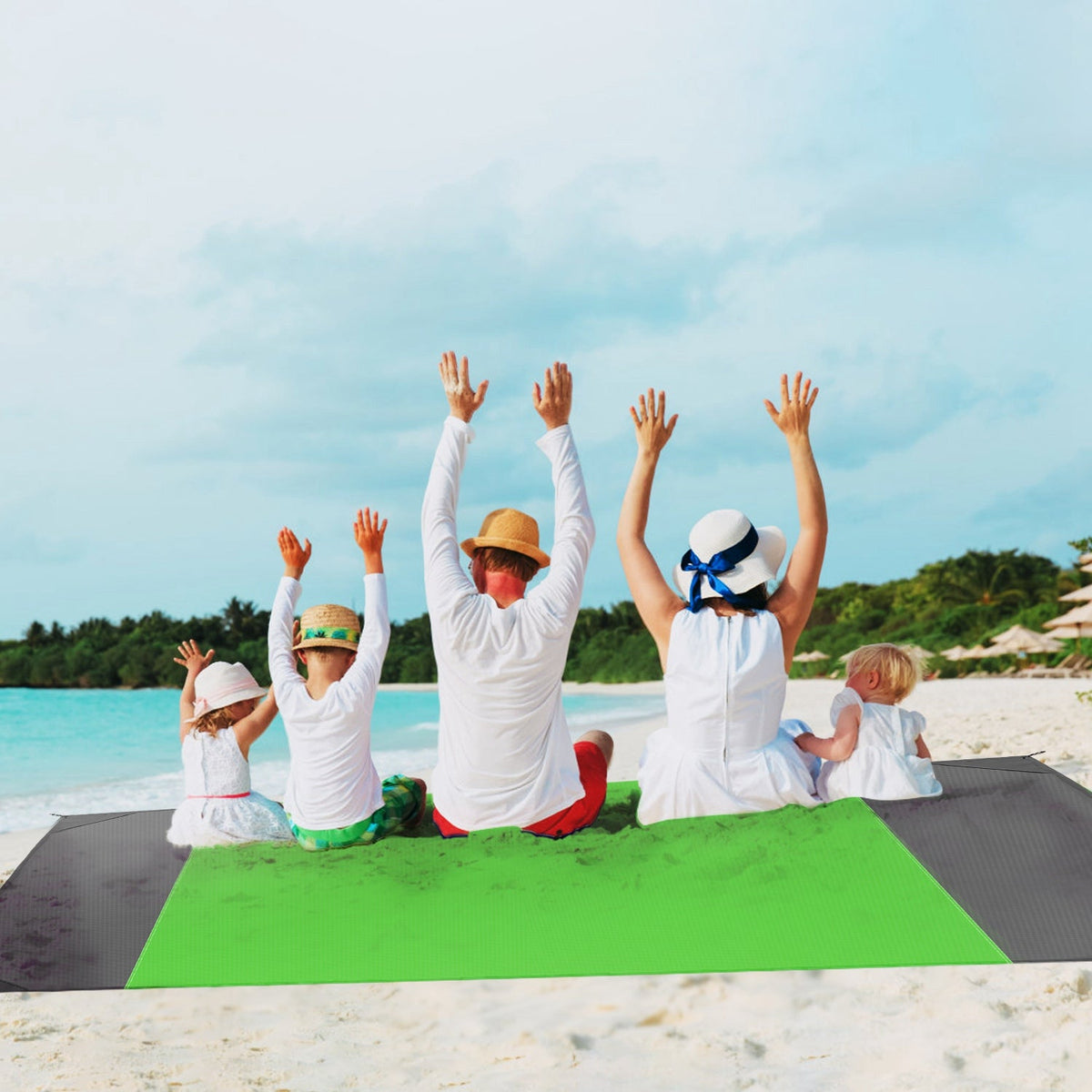 108x96.46in Sand Proof Picnic Blanket Water Resistant Foldable Camping Beach Mat w/ 4 Anchors 1 Carry Bag For 4-6 People