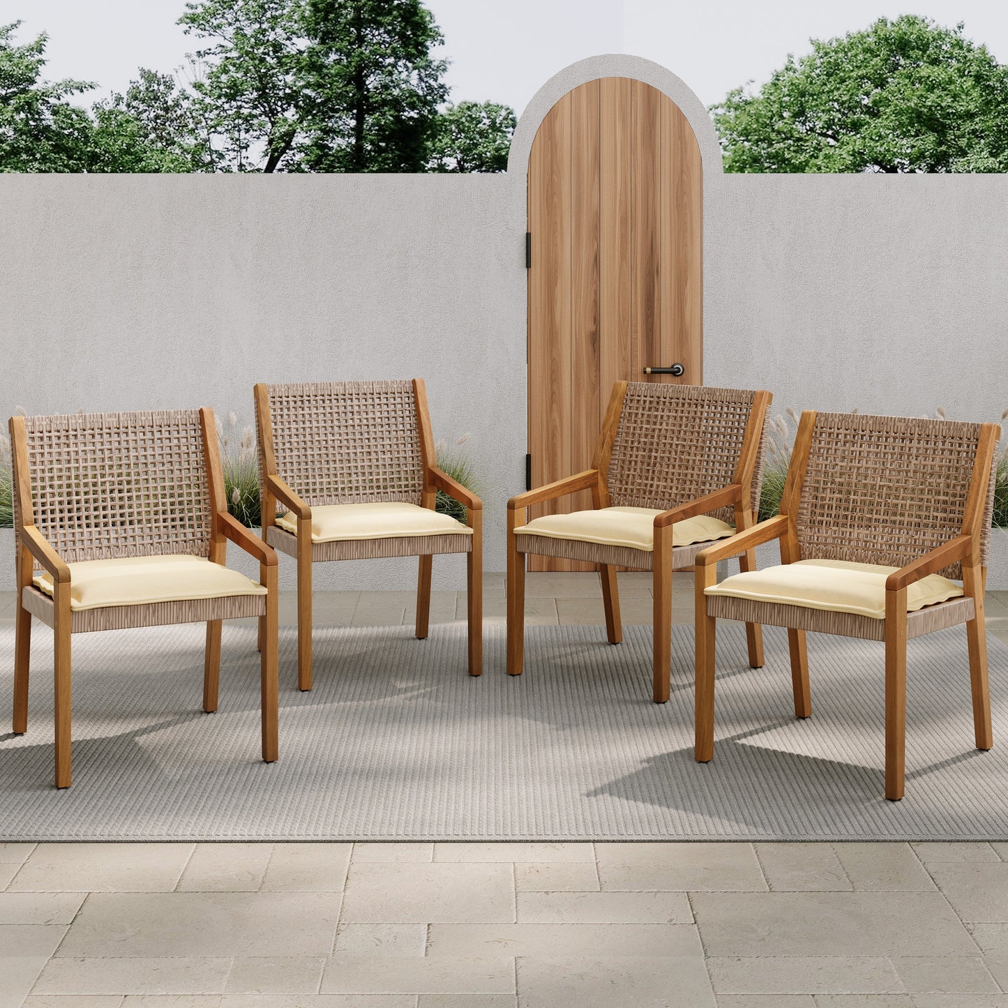 Outdoor Dining Chair Set of 4 - Acacia Wood and Wicker with Cream Cushion