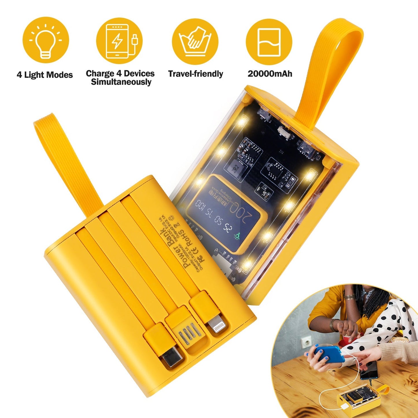 20000mAh Transparent Power Bank Portable Mini Phone Charger External Battery Pack with 3 Inbuilt Cables 4 Light Modes Digital Display Handle
