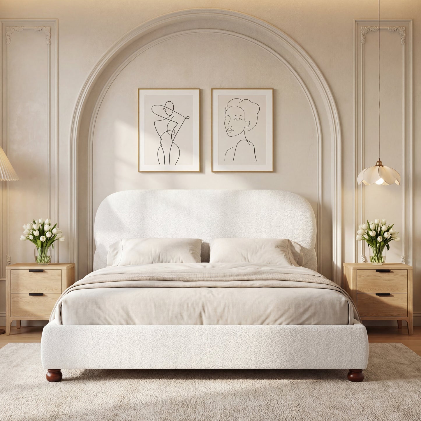 Cream-Colored Boucle Upholstered Bed with Rubber Wood Foot, King