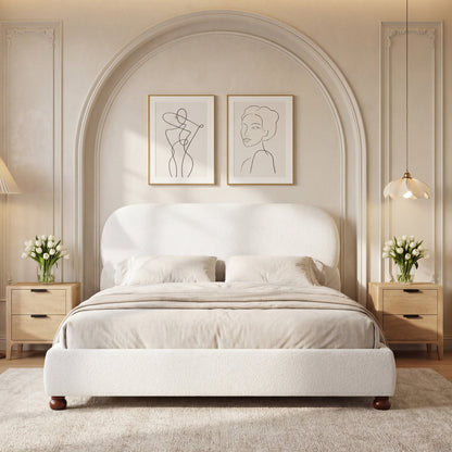 Cream-Colored Boucle Upholstered Bed with Rubber Wood Foot, King