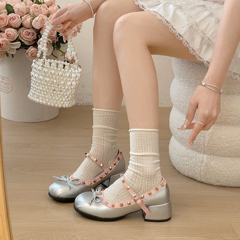 French Ballet Single Shoes Women's Summer 2026 New Style Shallow Bow Fold Rivet Mary Jane Women's Shoes
