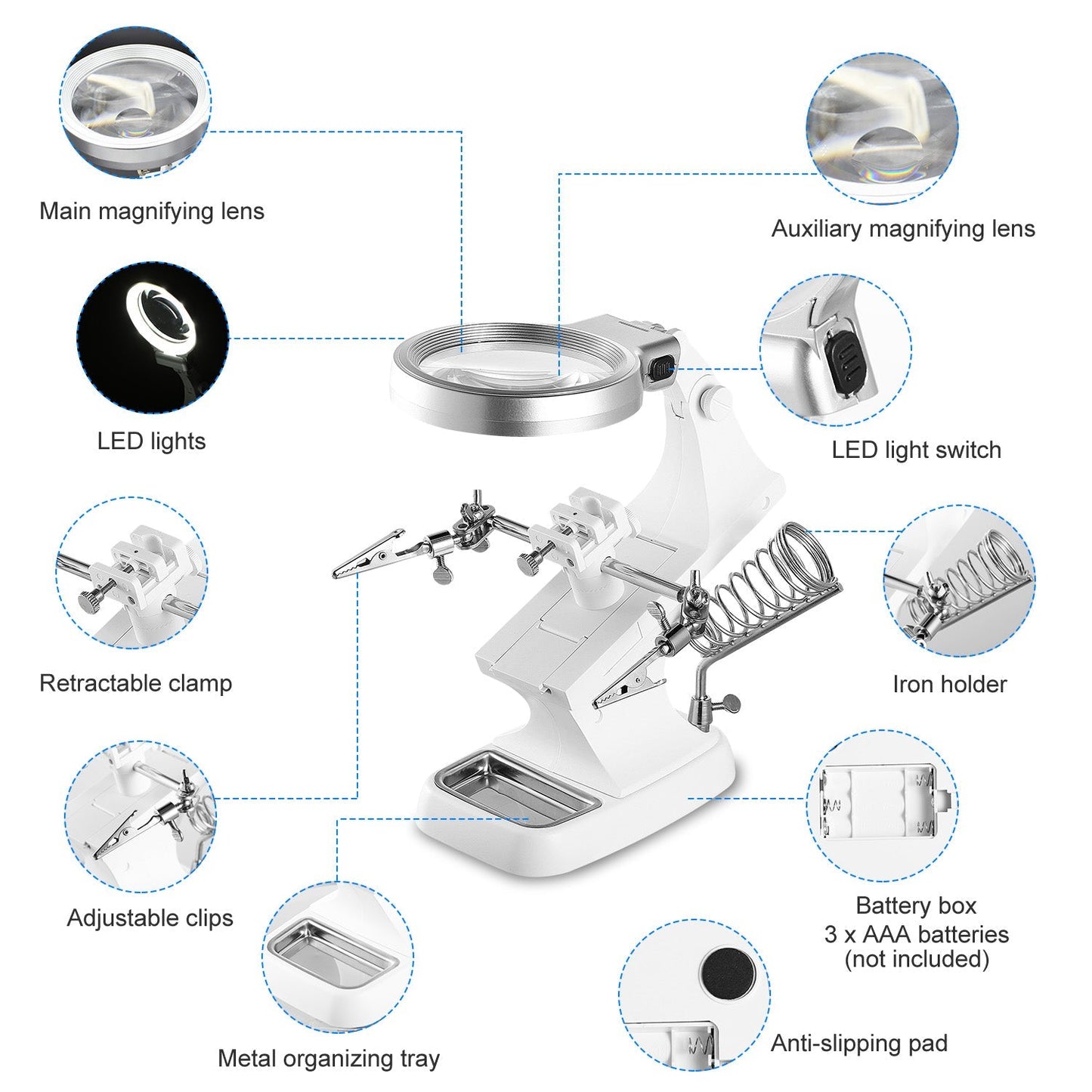 LED Light Helping Hands Magnifying Glass 3X/4.5X w/ 360¡Adjust Third Hand Soldering Vise