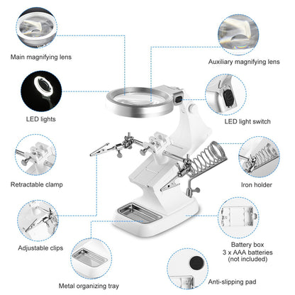 LED Light Helping Hands Magnifying Glass 3X/4.5X w/ 360¡Adjust Third Hand Soldering Vise