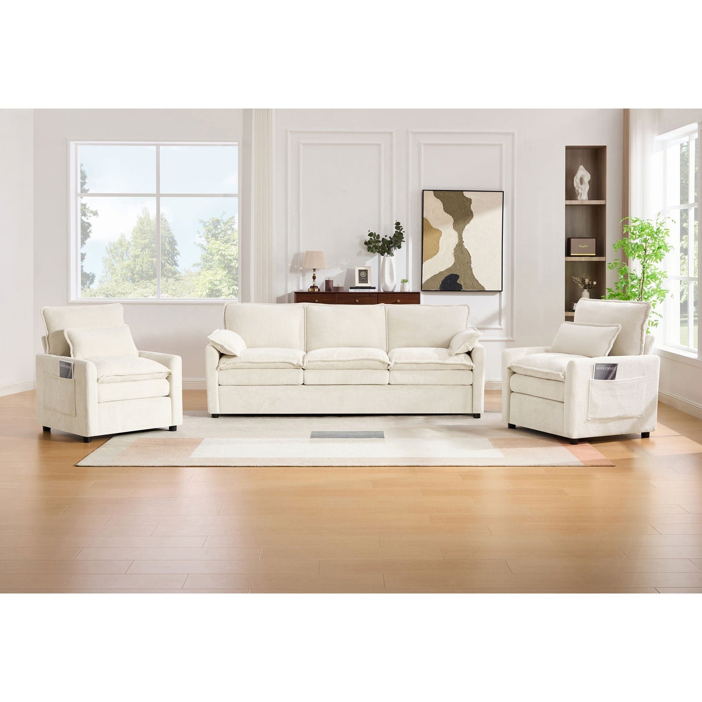 Modern Sofa Set With Double Layer Cushion And Side Storage Pockets