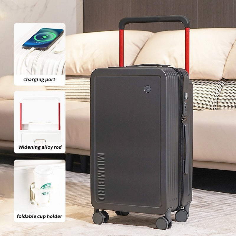 Wide Pull Rod Design Luggage Compartment, Front Open Lid, Stylish Large Capacity Luggage With Foldable Cup Holder And USB Interface