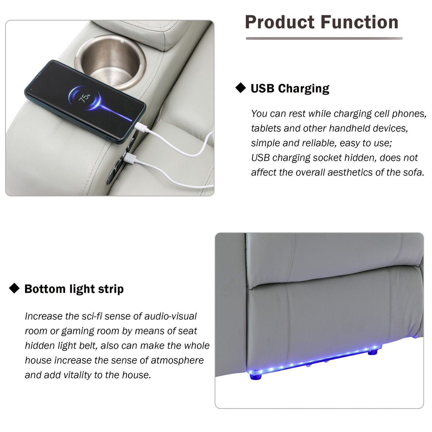 Power Motion Recliner Electric Power Recliner With USB Charging Port, Hidden Arm Storage, Convenient Cup Holder And tooth Speaker