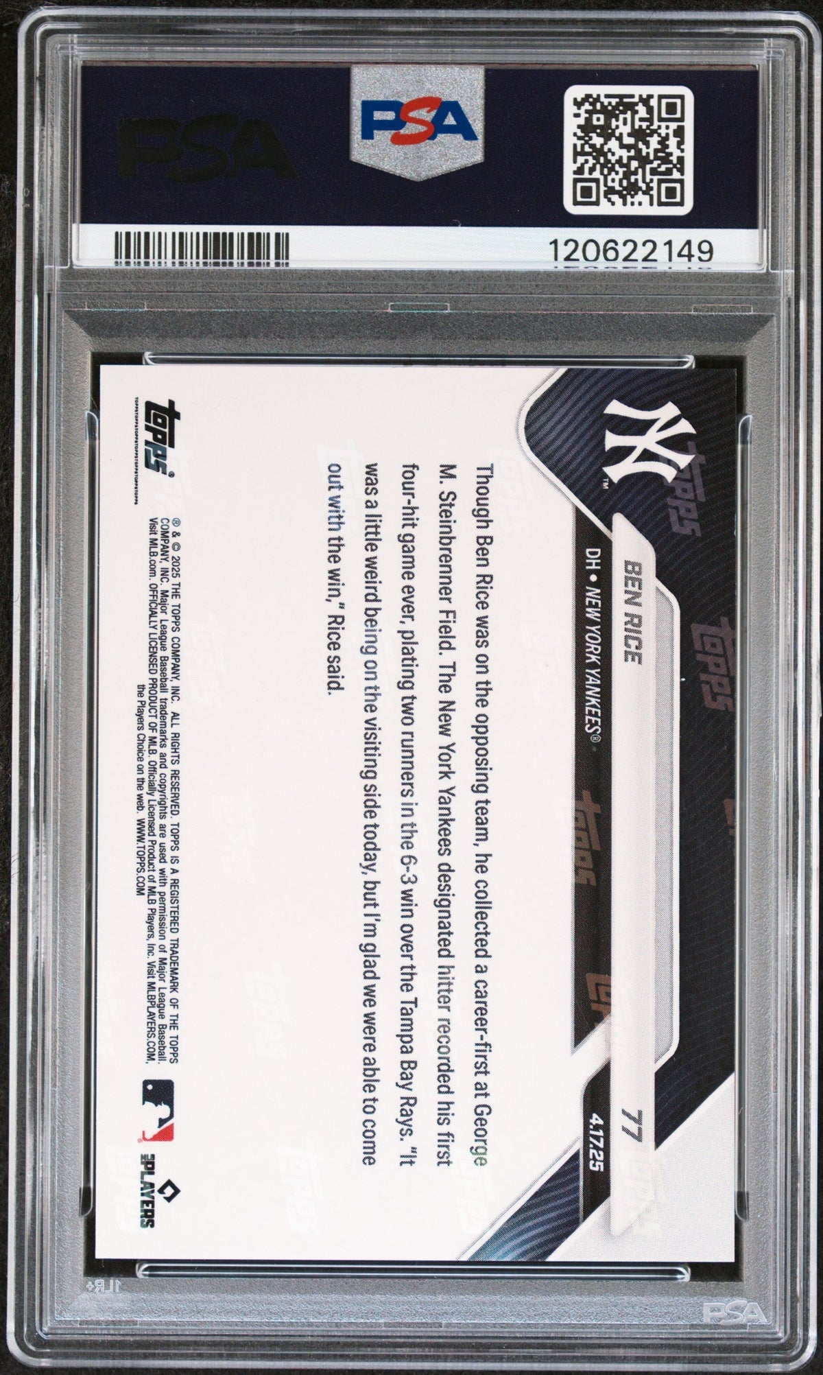 Graded 2025 Topps Now Ben Rice #77 Gold Foil /50 Rookie RC Baseball Card PSA 8 Near Mint
