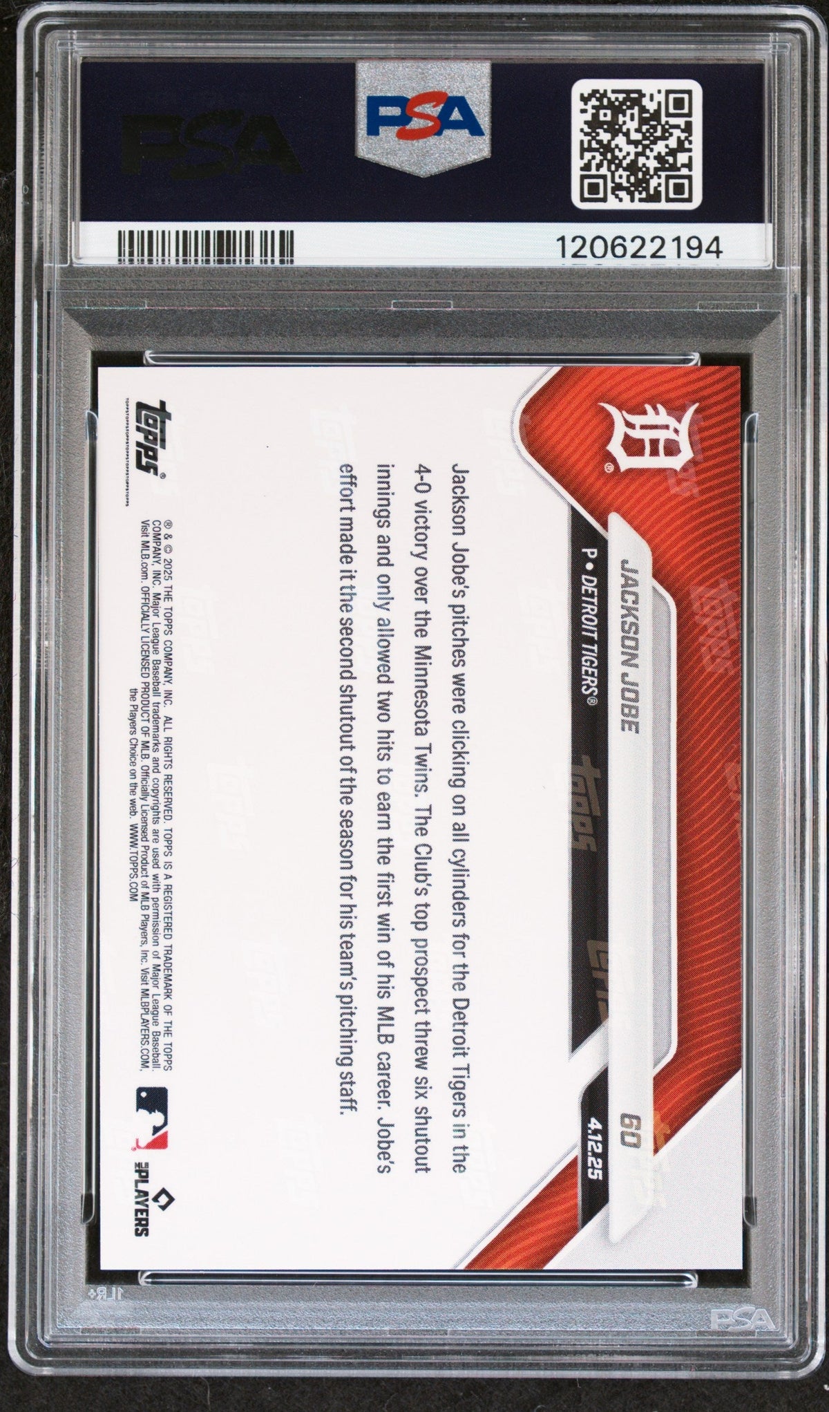 Graded 2025 Topps Now Jackson Jobe #60 Rookie RC Baseball Card PSA 10 Gem Mint