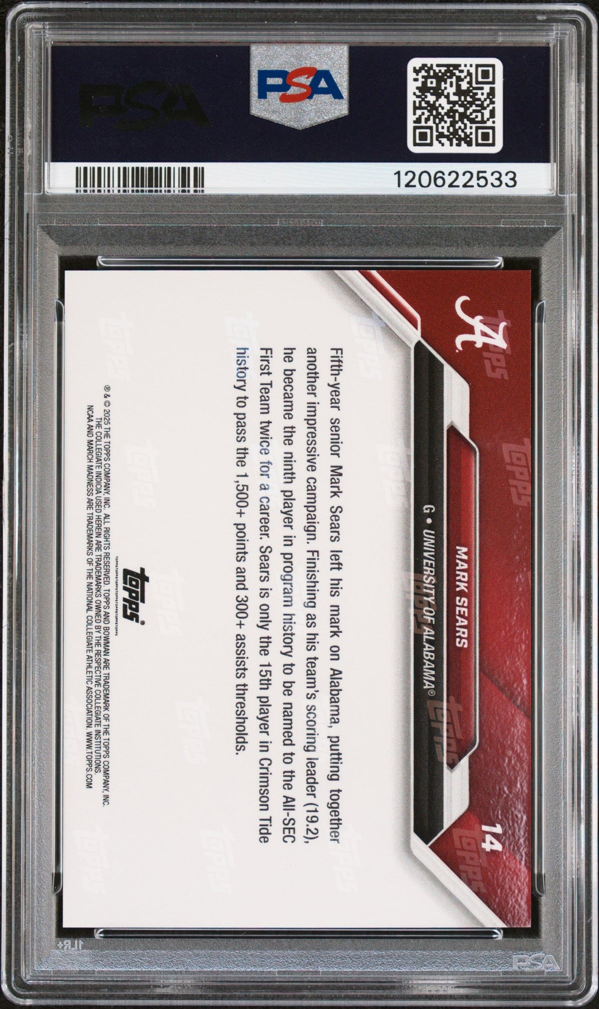 Graded 2025 Topps Bowman U Now Mark Sears #14 March Madness Rookie RC Basketball Card PSA 10 Gem Mint