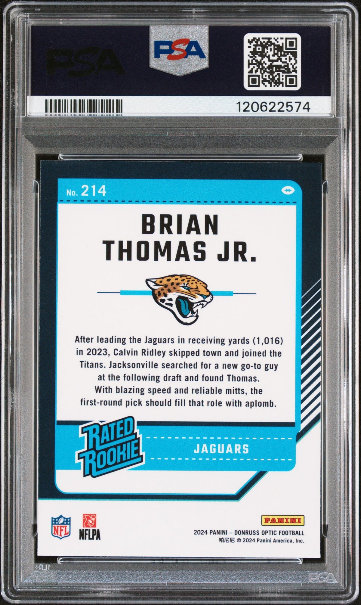 Graded 2024 Panini Donruss Optic Brian Thomas Jr. #214 Rookie RC Football Card PSA 8 Near Mint