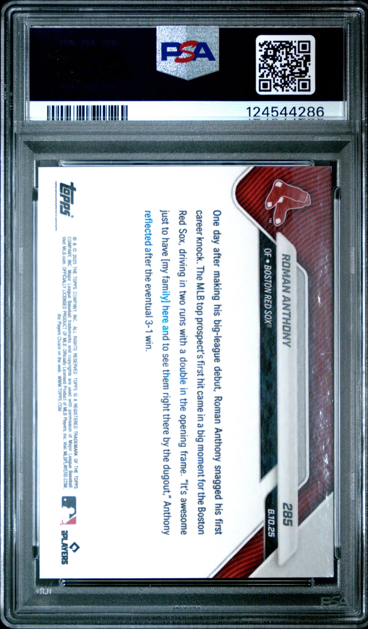 Graded 2025 Topps Now Roman Anthony #285 Black Foil /10 Rookie RC Baseball Card PSA 10 Gem Mint