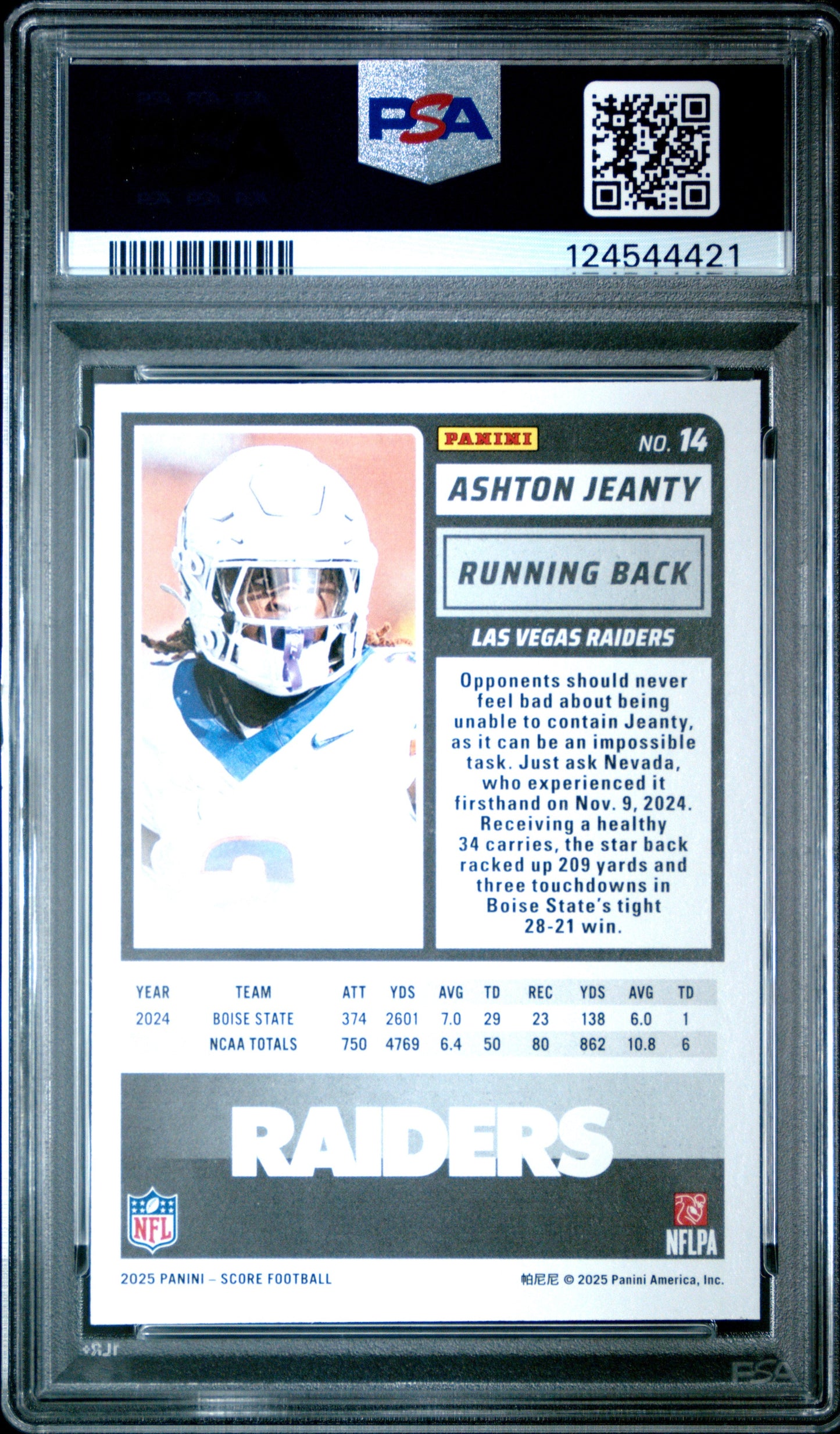 Graded 2025 Panini Score Ashton Jeanty #14 Rookie RC Football Card PSA 8 Near Mint