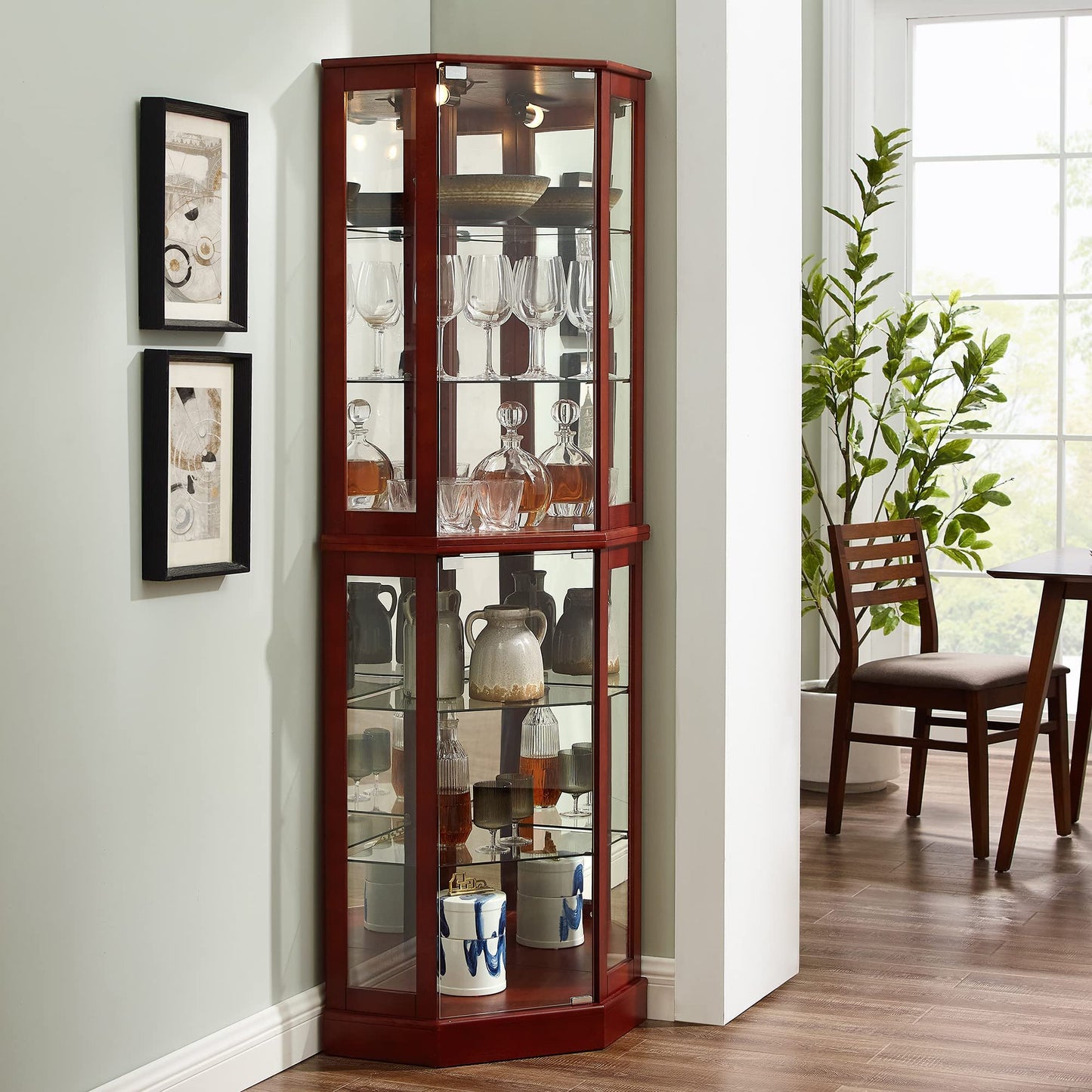 6 Shelf Corner Curio Display Cabinet With Lights, Mirrors And Adjustable Shelves