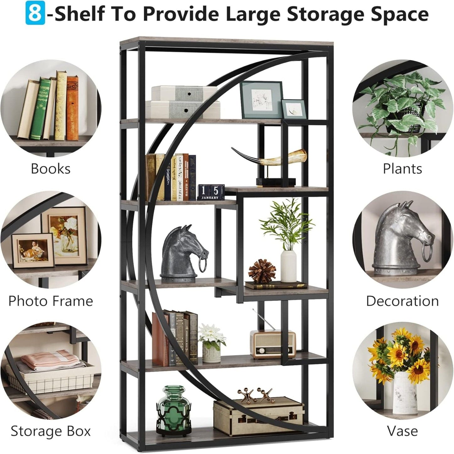 5 Tier Etagere Bookshelf With 8 Open Shelves Organizer For Living Room