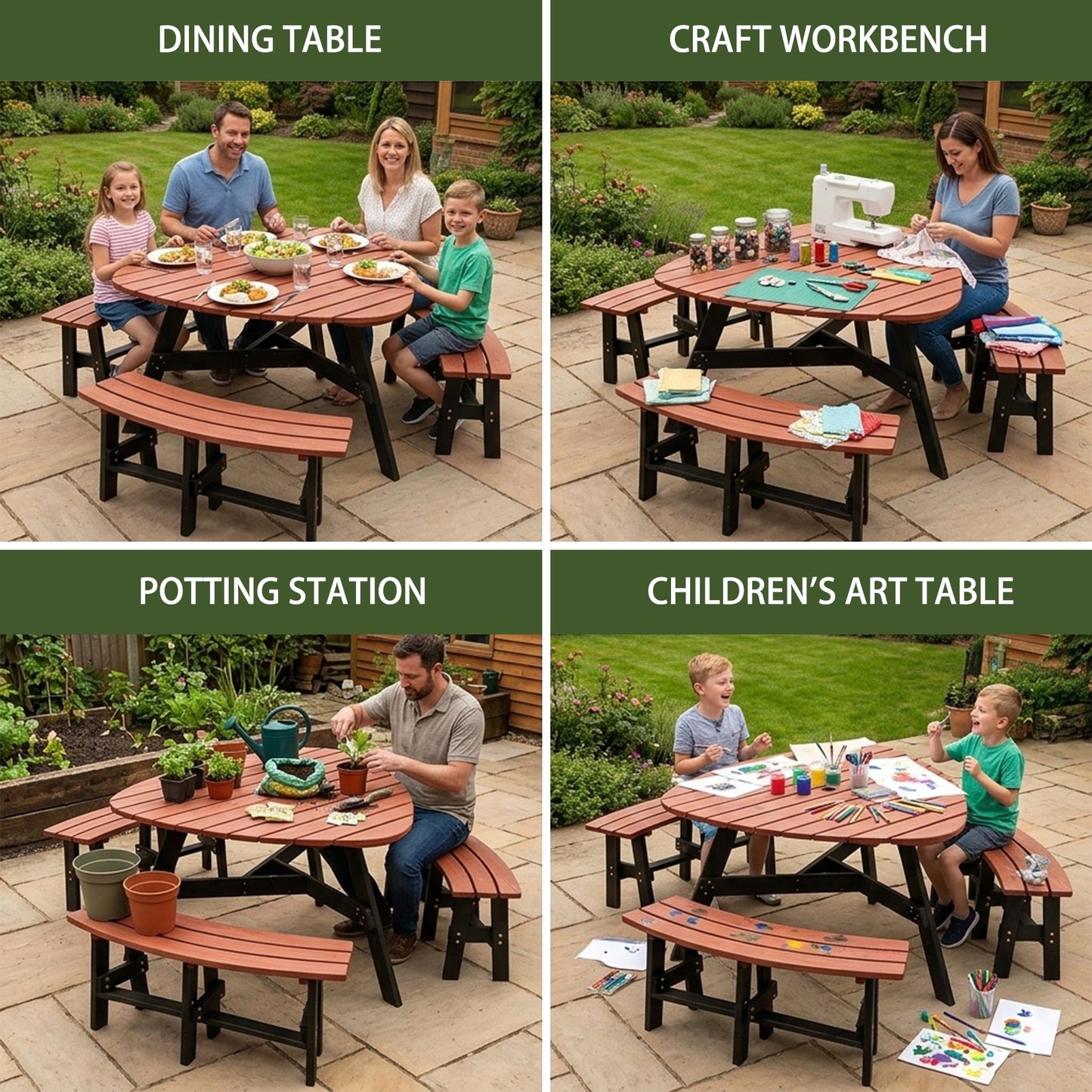 6-Person Semi-Circular Outdoor Solid Fir Wood Picnic Table Set, Rustic