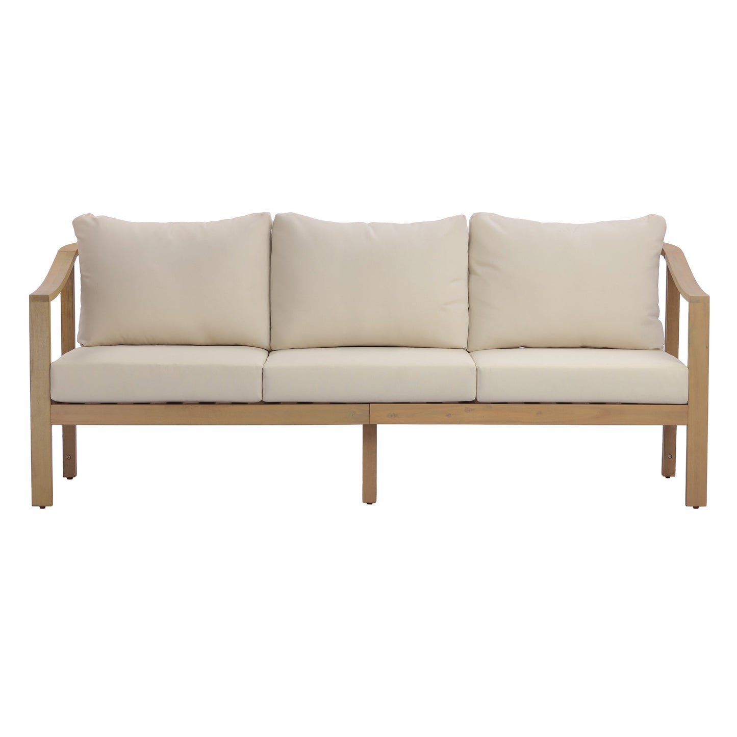 77.95" Outdoor Acacia Wood 3-Seater Sofa with Beige Cushions