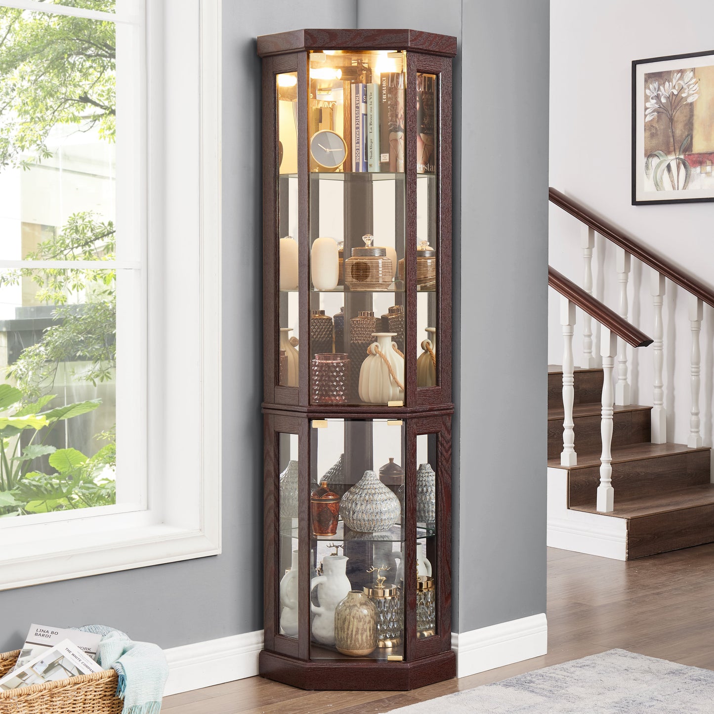 Corner Glass Cabinet Lighted Curio Cabinet in Dark Cherry