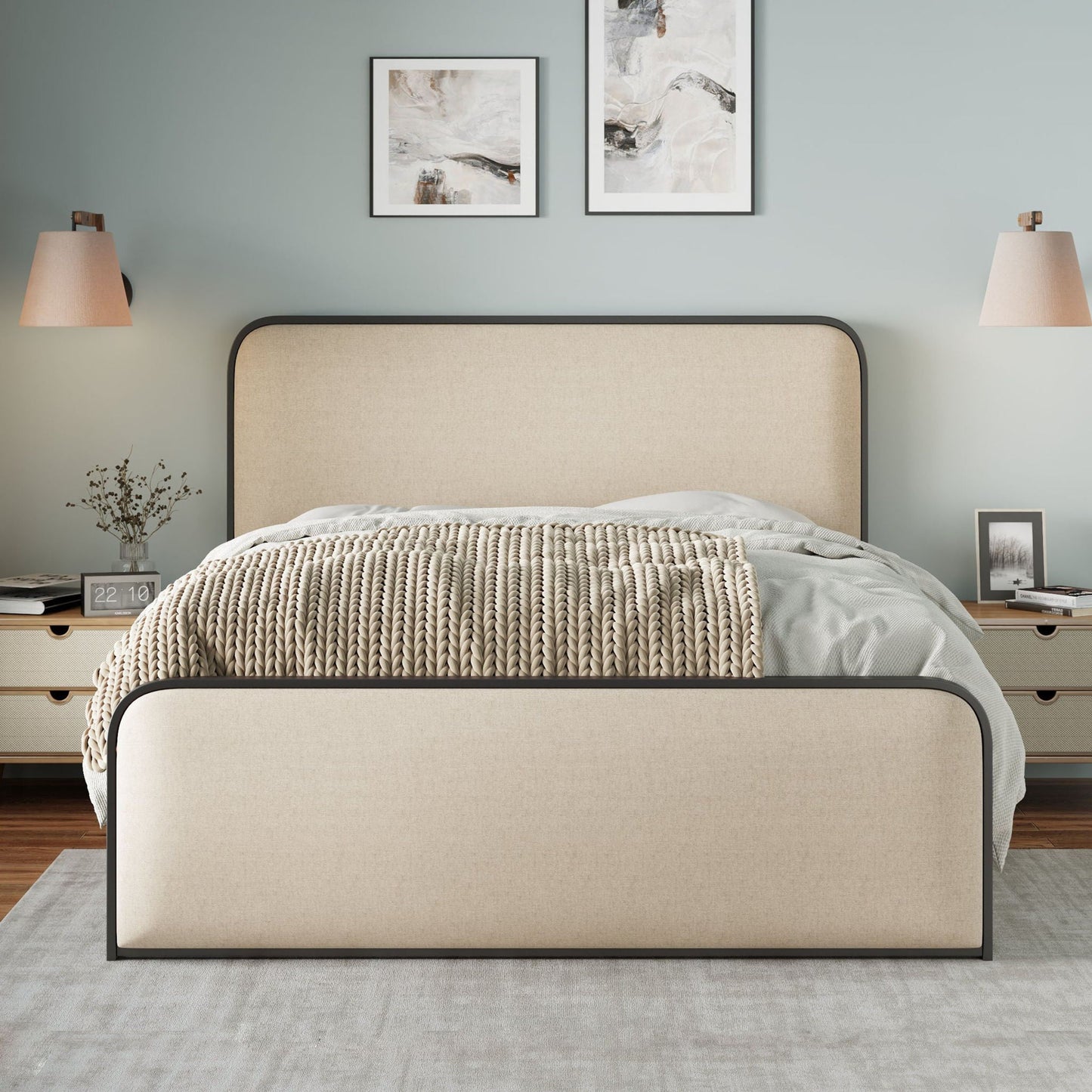 Modern Bed With Curved Upholstered Headboard and Footboard