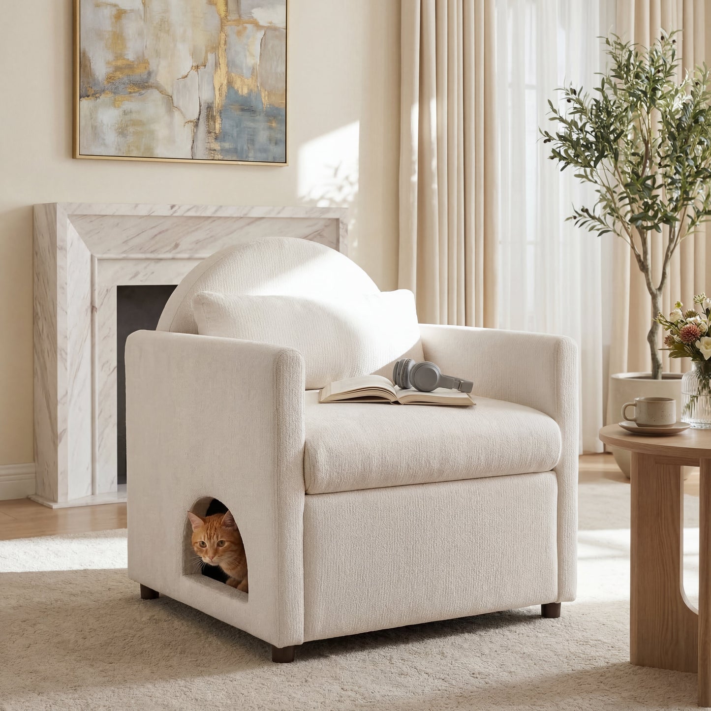 Beige Pet Friendly Accent Chair with Hidden Pet Nook