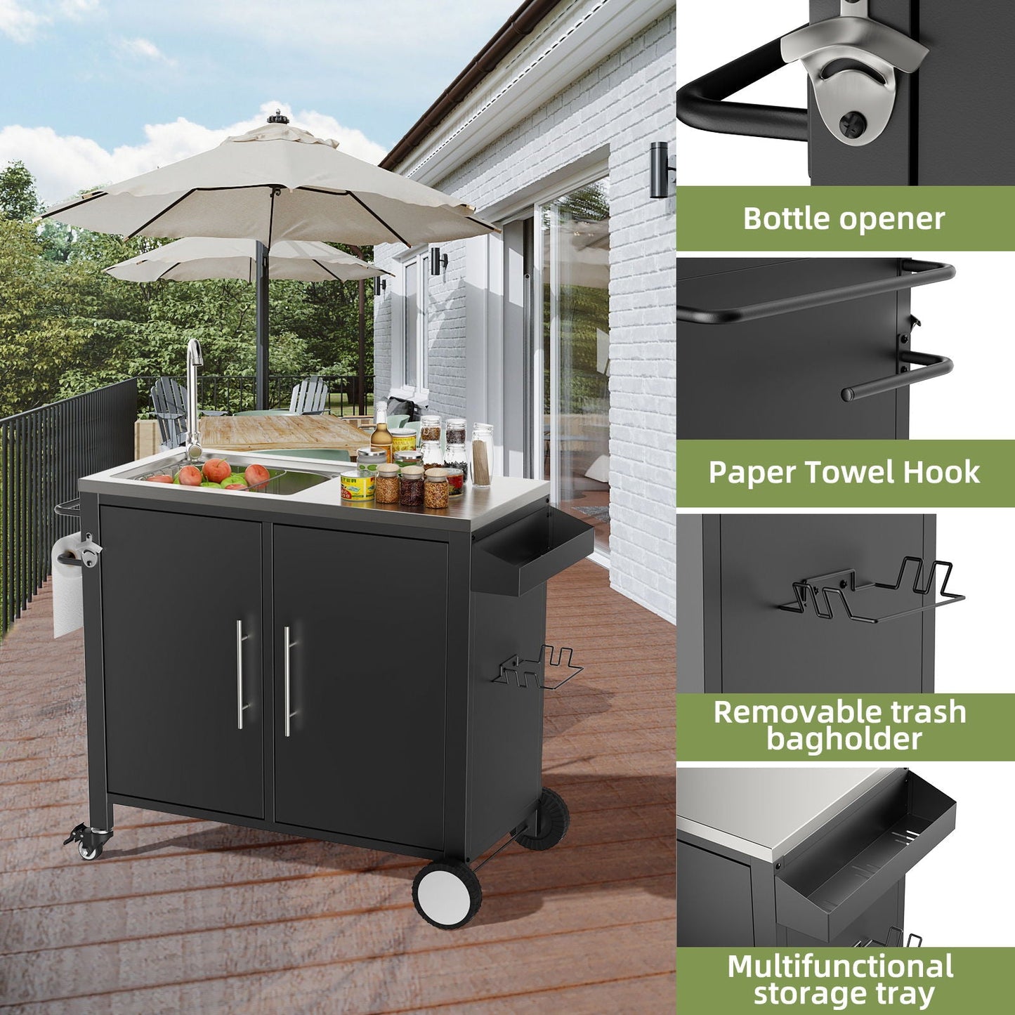 Outdoor Grill Table With Sink, Grill Cart With Sink And Cabinet With Wheels - Black / Silver