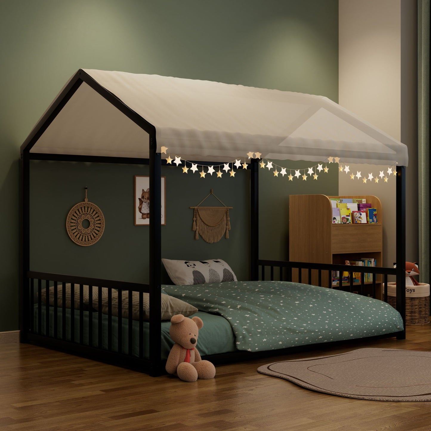 Montessori Style Floor House Shaped Bed With Safety Guardrails