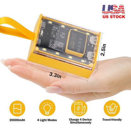 20000mAh Transparent Power Bank Portable Mini Phone Charger External Battery Pack with 3 Inbuilt Cables 4 Light Modes Digital Display Handle