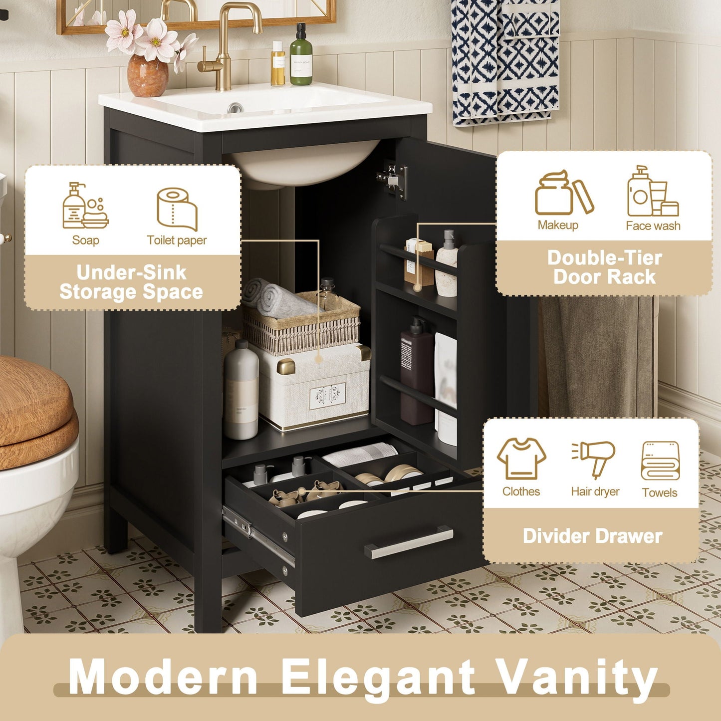 Bathroom Vanity With Ceramic Sink, Soft Close Drawers, Door Organizer, Divider Drawer, Adjustable Foot Pads