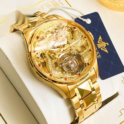 Mens Water-Resistant Mechanical Watch With Hollowed-Out Design And Steel Strap