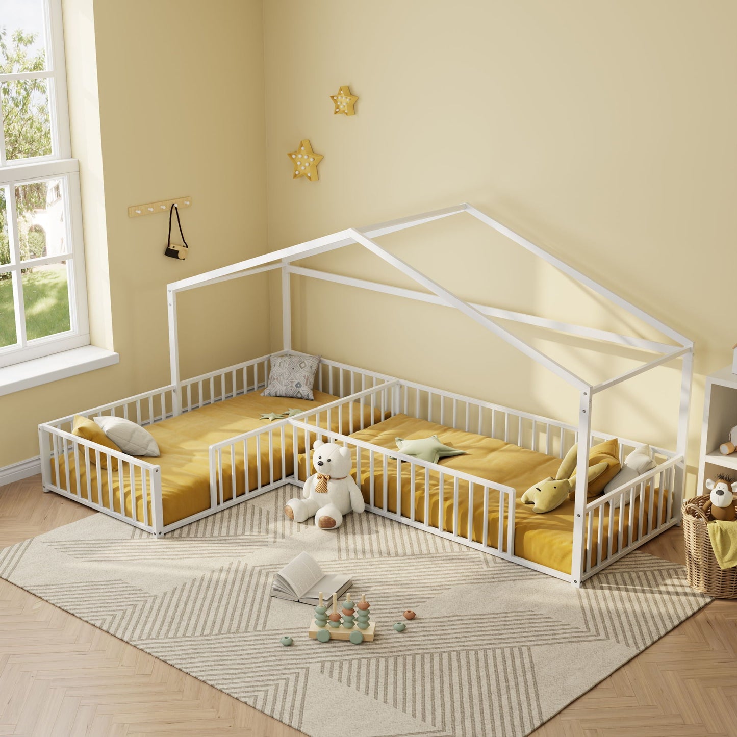 L-Shaped Montessori Bed For 2 Kids With Partitioned Fence