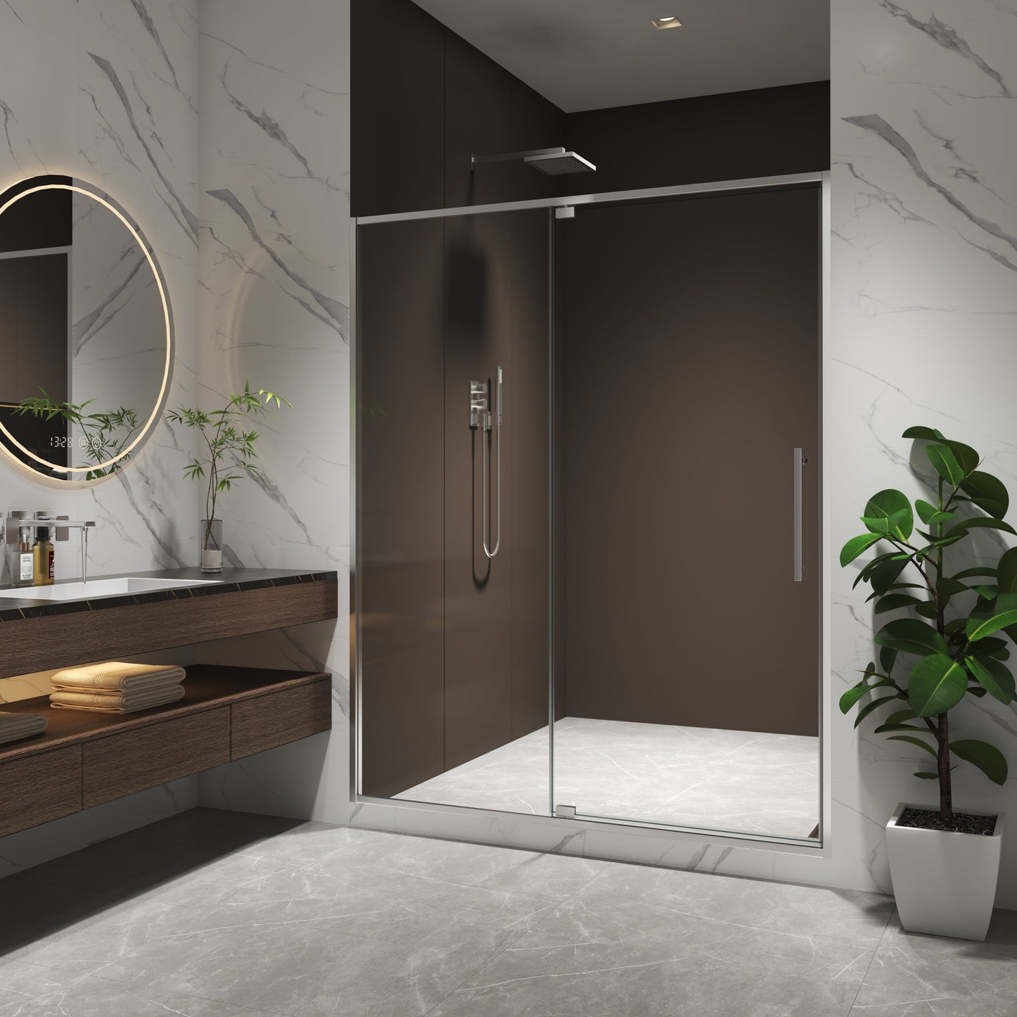 50-54"W x 74"H Pivot Shower Door with 5/16" Tempered Glass - Brushed Nickel Finish